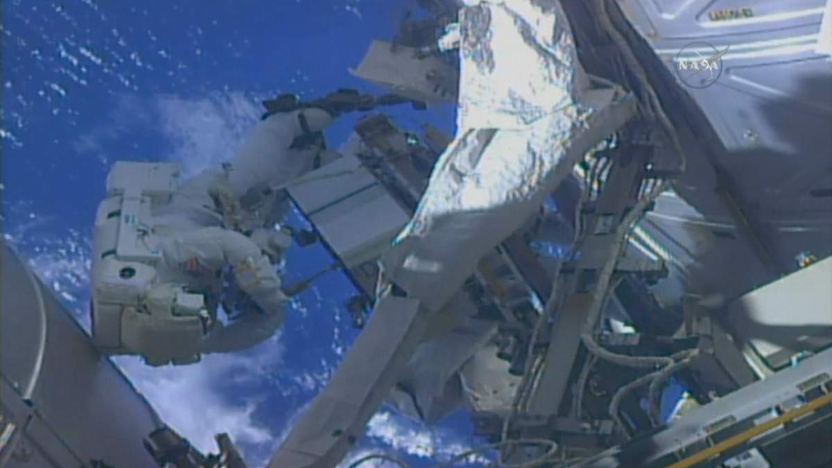 A NASA flight engineer is seen outside the International Space Station on Wednesday, May 16, 2018.