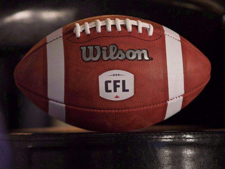 A football with the new CFL logo sits on a chair during a press conference in Winnipeg, Friday, November 27, 2015.