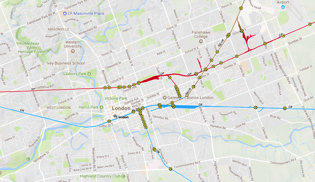 The main rail lines that crisscross London and the many grade-level crossings.