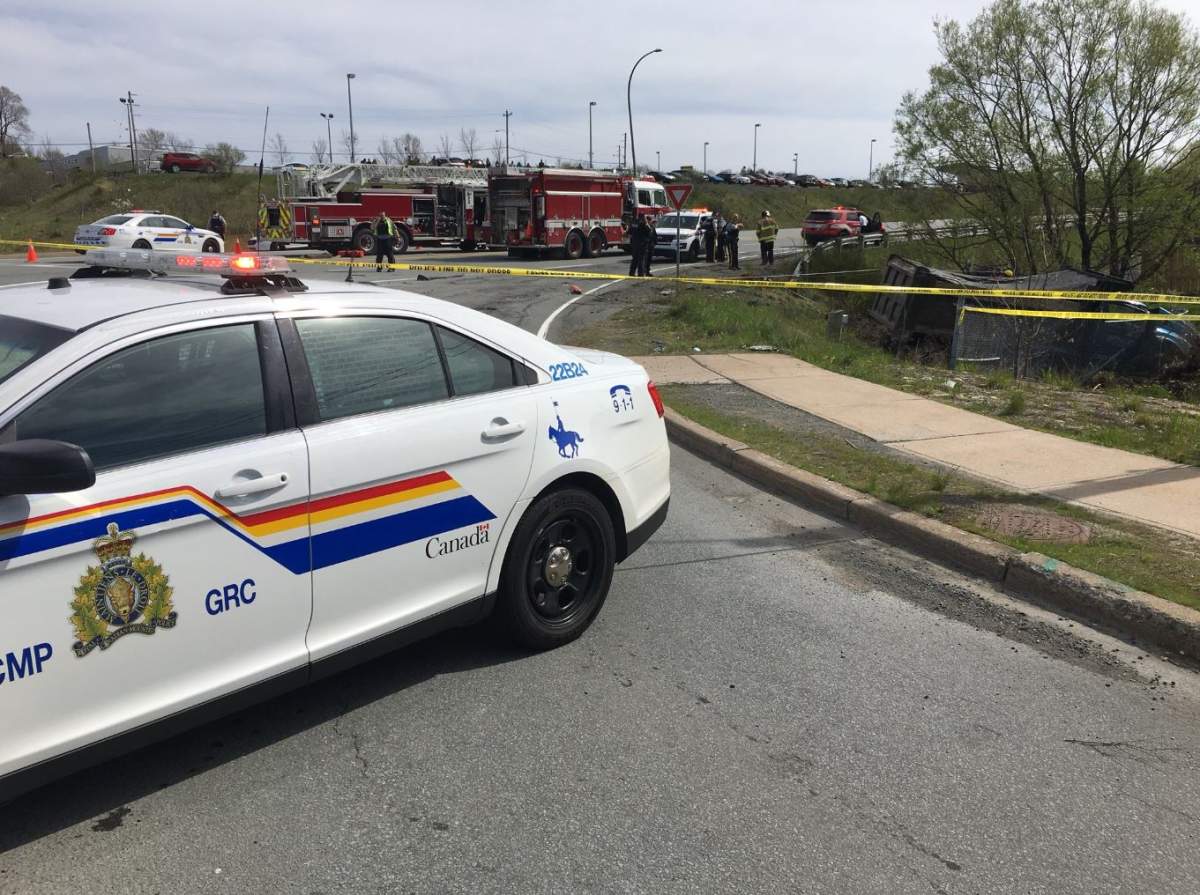 Police attend the scene of a crash in Lower Sackville, N.S., on Wednesday, May 16, 2018.