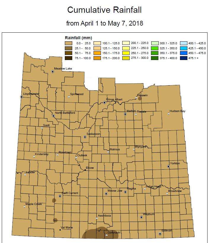 Rain on May 8 ended a month long run of dry conditions and little to no moisture experienced by most of the province.