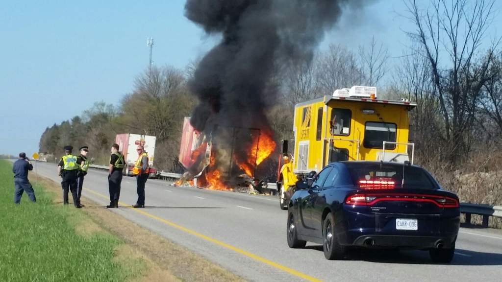 The back trailer of a double tractor trailer caught fire on Highway 401 on May. 9.