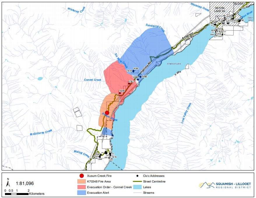 Evacuation orders and alerts due to the Xusum Creek wildfire.