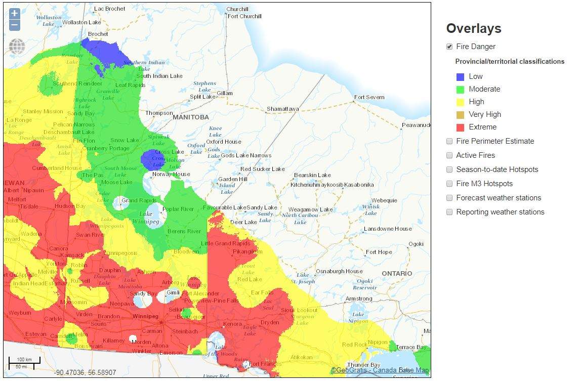 This interactive map shows the extreme fire conditions in Manitoba and elsewhere.