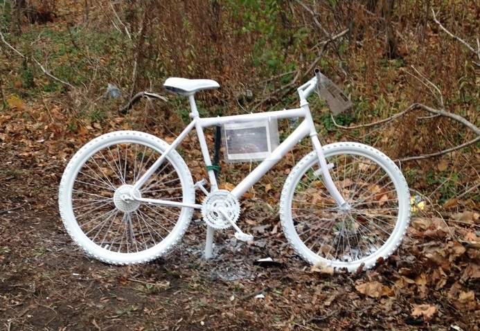 A "ghost bike" on Hamilton's Claremont Access in meory of Jay Keddy, following his death in December 2015.
