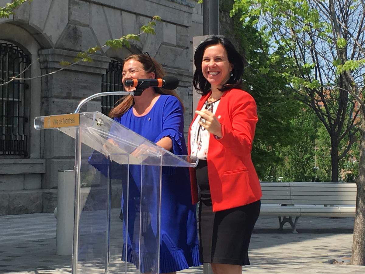 Sainte-Anne-de-Bellevue mayor Paola Hawa and Montreal Mayor Valerie Plante during the announcement. Thursday May 24, 2018.