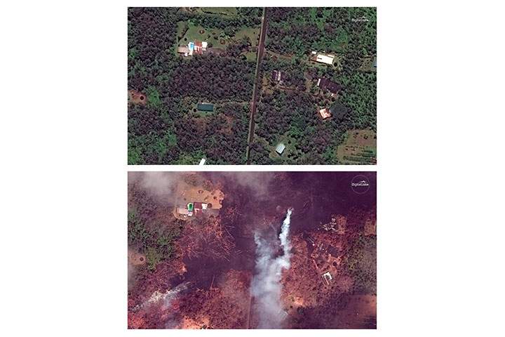 This combination of satellite images, provided by DigitalGlobe, shows an area by the Kilauea volcano near Pahoa, Hawaii on May 24, 2017, top, and May 14, 2018, bottom, after the recent volcanic activity.