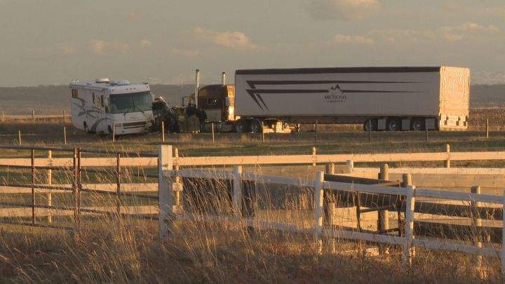 At about 6 p.m. on Friday night, emergency crews were called to a collision on Highway 22 at Township Road 292 involving a semi-truck, two RVs and a pickup truck.