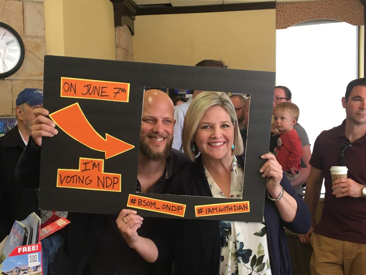 NDP Candidate for Barrie-Springwater-Oro Medonte Dan Janssen (left), poses for a photo with the leader of the Ontario NDP Andrea Horwath (right), at a campaign stop in Barrie.