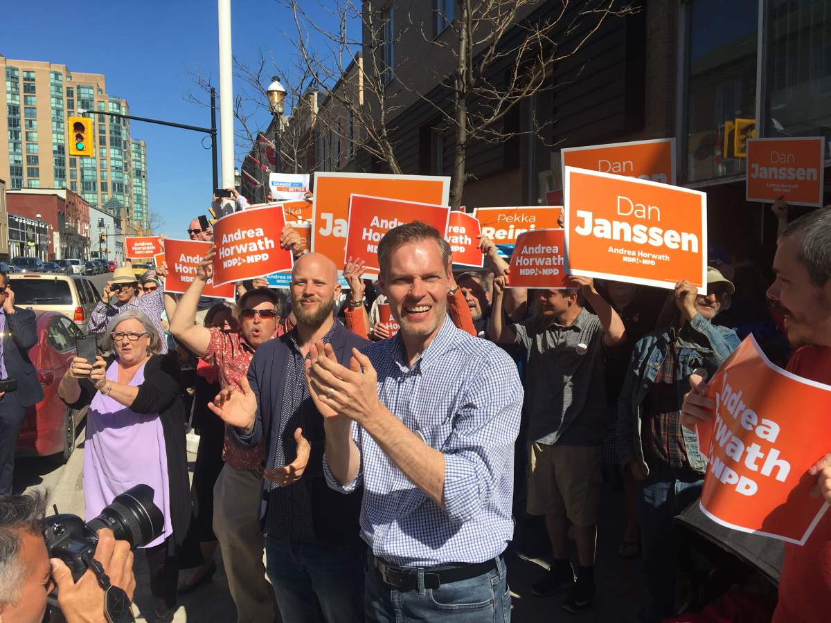NDP candidates for the Barrie area Dan Janssen and Pekka Reinio welcome Andrea Horwath at a campaign event in Barrie.