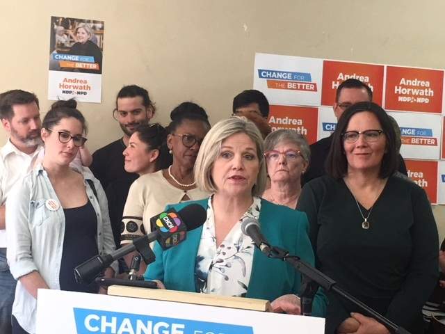 Andrea Horwath discussed what an NDP government would mean for Hamilton during a stop at the headquarters of Hamilton-West Ancaster Dundas  candidate Sandy Shaw.