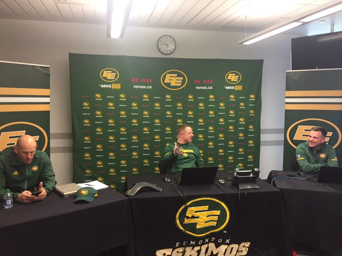 Edmonton Eskimos GM of VP of Football Operations Brock Sunderland, head coach Jason Maas, and Director of Canadian Scouting Rob Ralph in their draft war room for the 2018 CFL Draft.