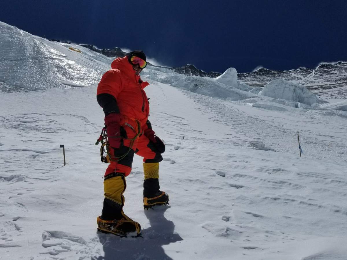 A photo of Jay Patre, climbing Mount Lohtse, the fourth highest mountain in the world.