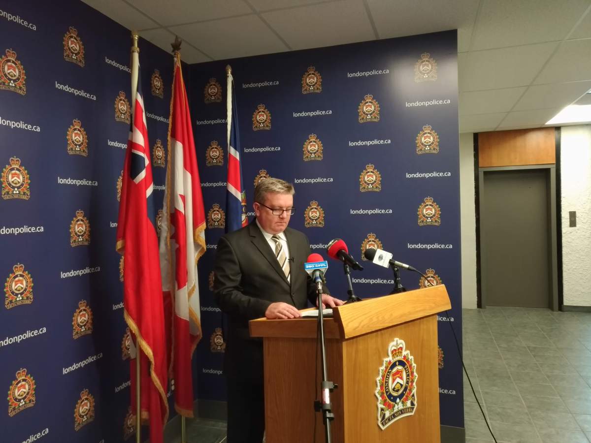Sgt. Dave Poustie with London police provides an update during a news conference on Tuesday.