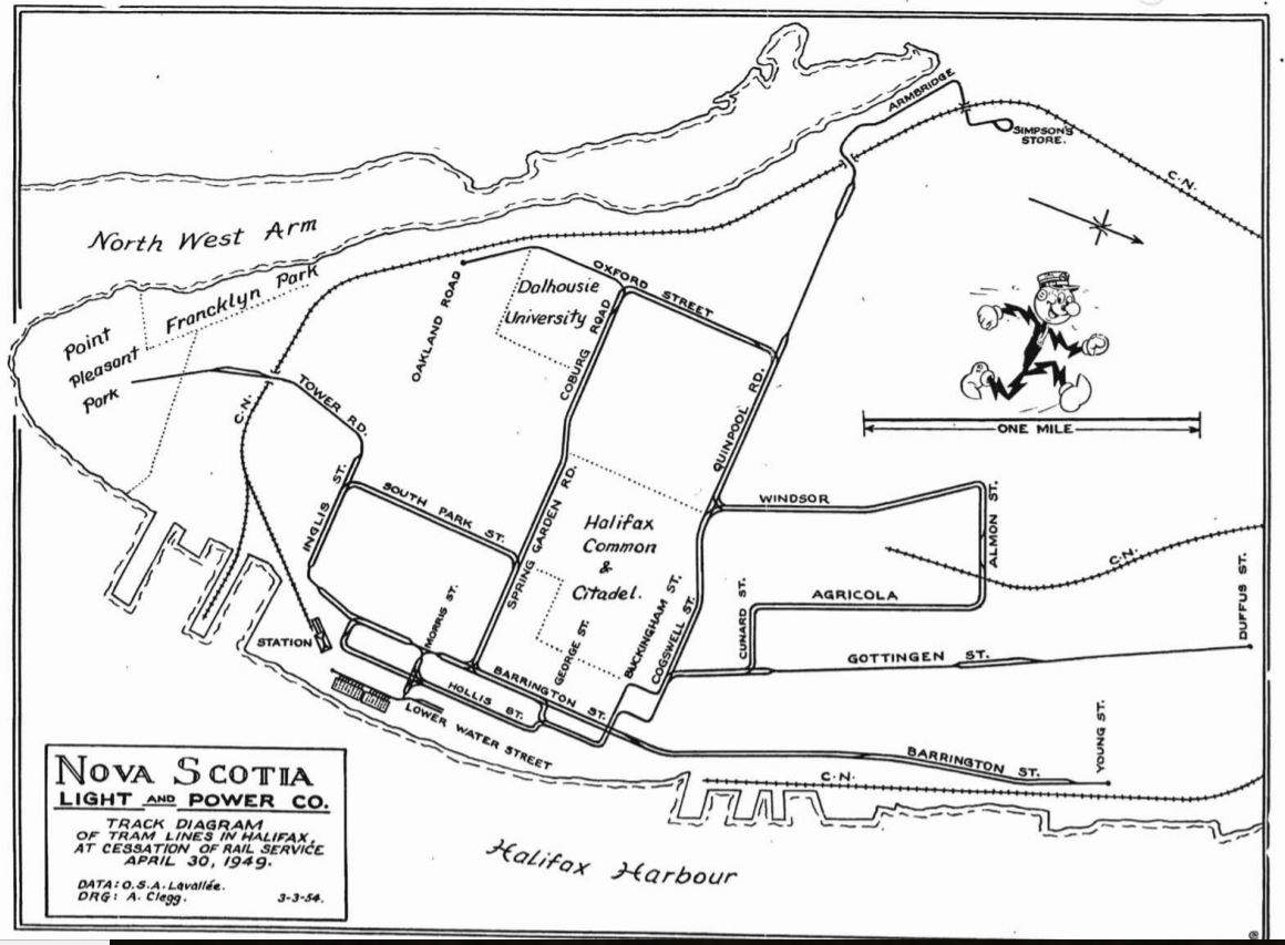 A map of the rail lines in Halifax in 1949 at the time rail service ceased in the city.