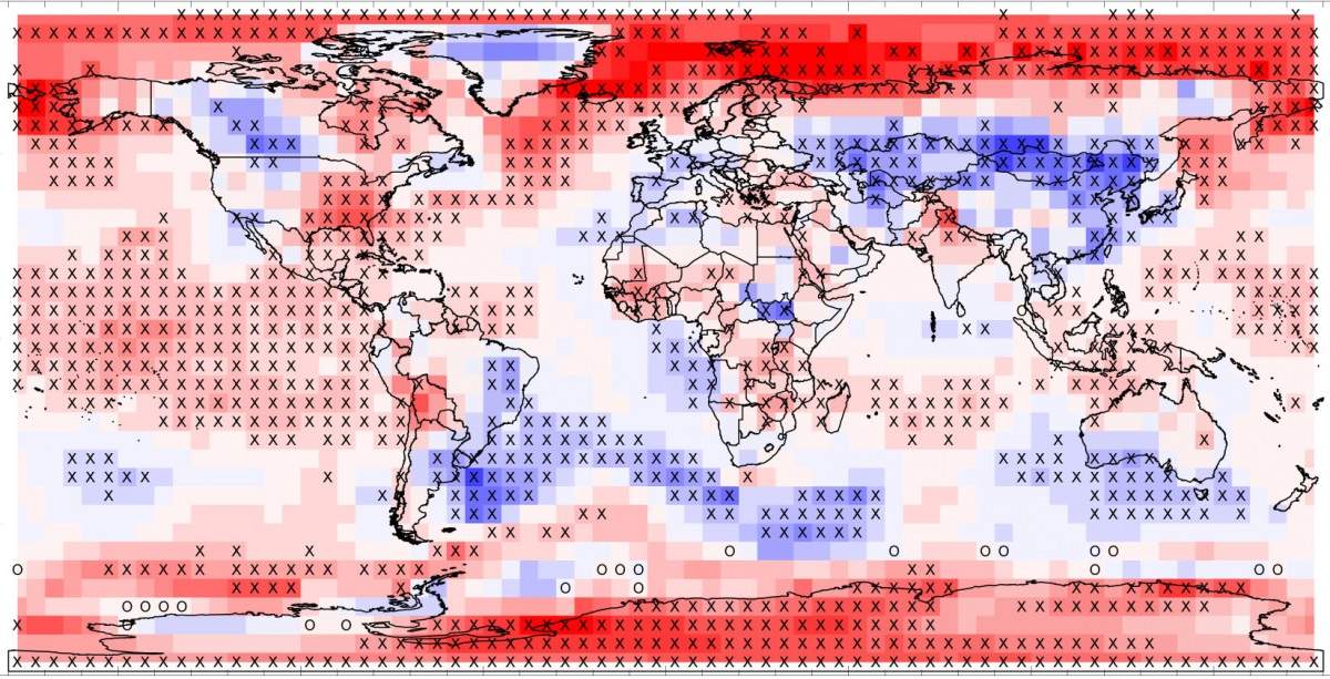 In the red areas of this map, accepted predictions may overestimate the reality of what’s to come by up to 3 C. The blue indicates an underestimation of the temperature increase (again, up to 3 C). This model assumes that carbon dioxide levels in the atmosphere double by 2100.