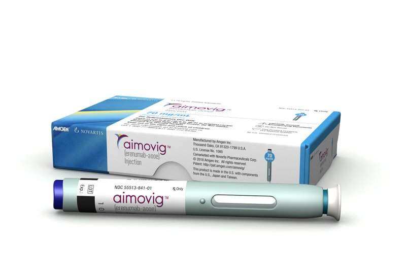 This May 10, 2018, image provided by Amgen Inc. shows an artist’s rendering for the packaging for the drug Aimovig, designed to prevent chronic migraines.