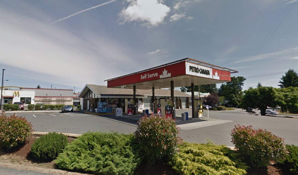 The Petro Canada in Nanaimo where police say a man nearly severed his arm on Saturday.