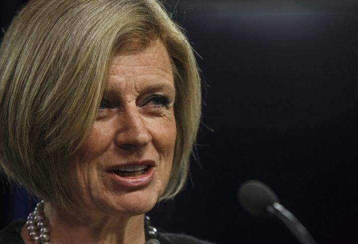 Alberta Premier Rachel Notley unveils an ad they will be running in B.C. about the pipeline expansion in Edmonton, Alta., on Thursday, May 10, 2018. 
