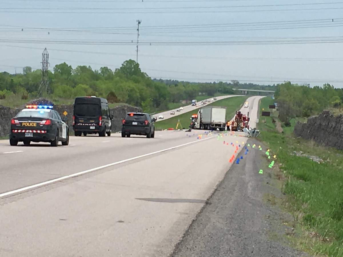 A photo from the scene shows the the transport truck still stopped on the section of Hwy. 401 still blocked off due to Friday morning\’s accident.