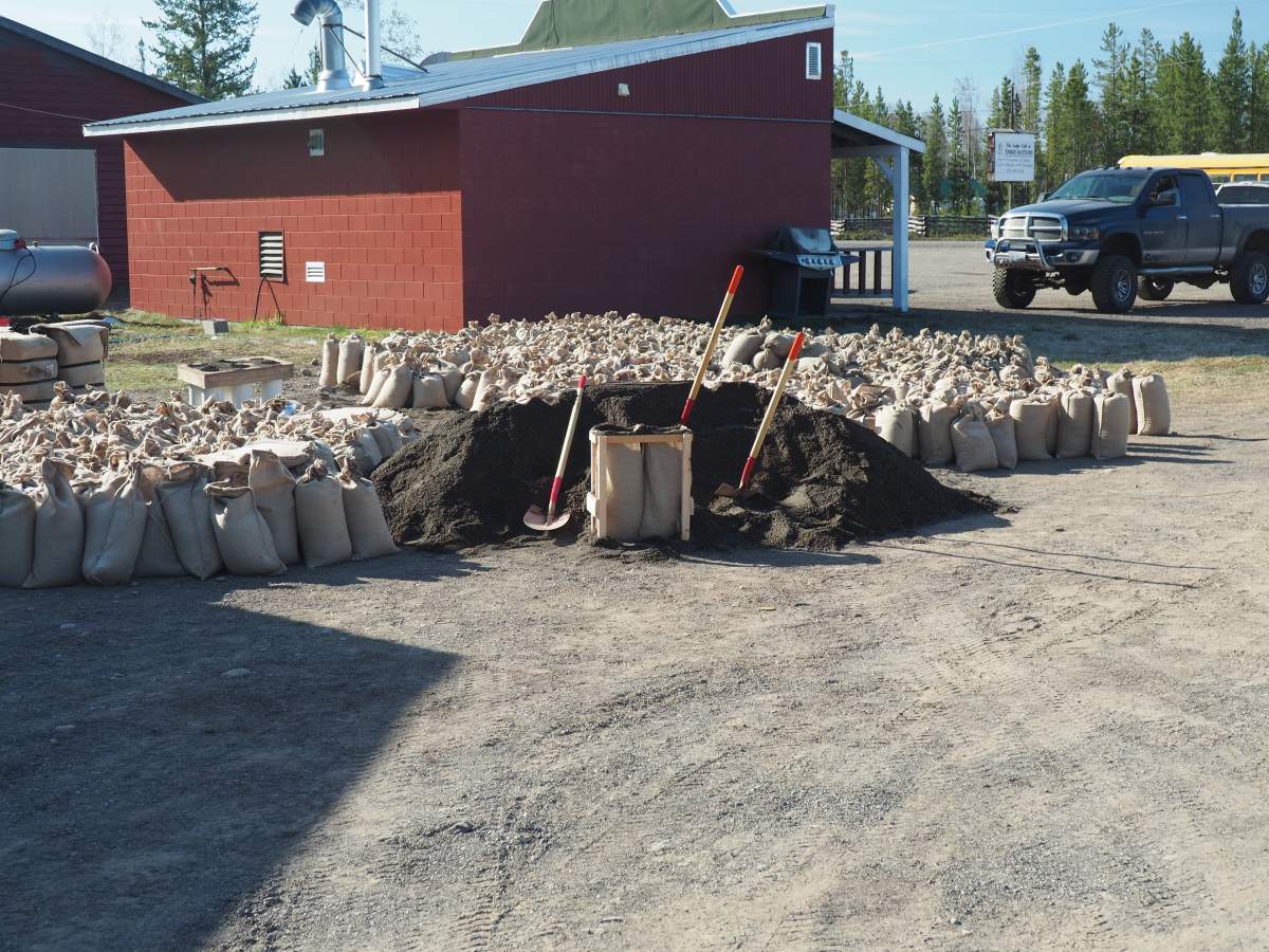 Sandbags are prepared for residents trying to protect their properties in the Nazko area; photo taken on April 30th.