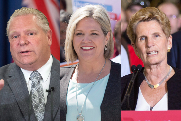 PC Leader Doug Ford, NDP Leader Andrea Horwath and Liberal Leader Kathleen Wynne are shown in a combination photo.