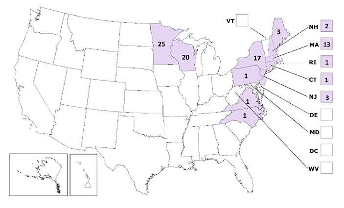 Powassan virus neuroinvasive disease cases reported by state of residence, 2007–2016