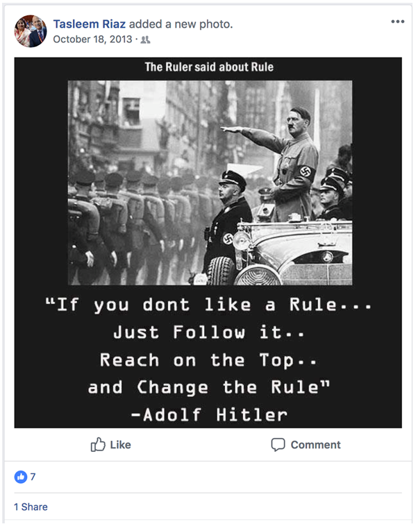 NDP candidate Taleem Riaz’s Facebook post from 2013. (Handout)
