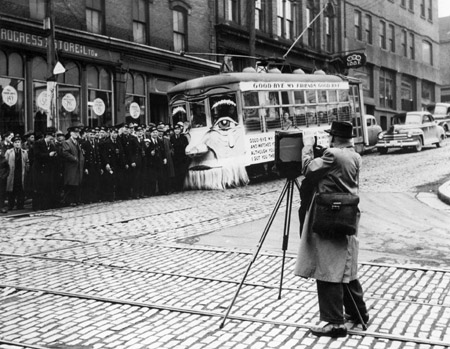 A photographer captures a decorated ‘Birney’ streetcar, marking the end tram service in the core of Halifax.