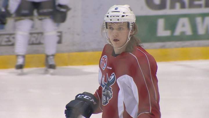 Defenceman Sami Niku practices with the Manitoba Moose.
