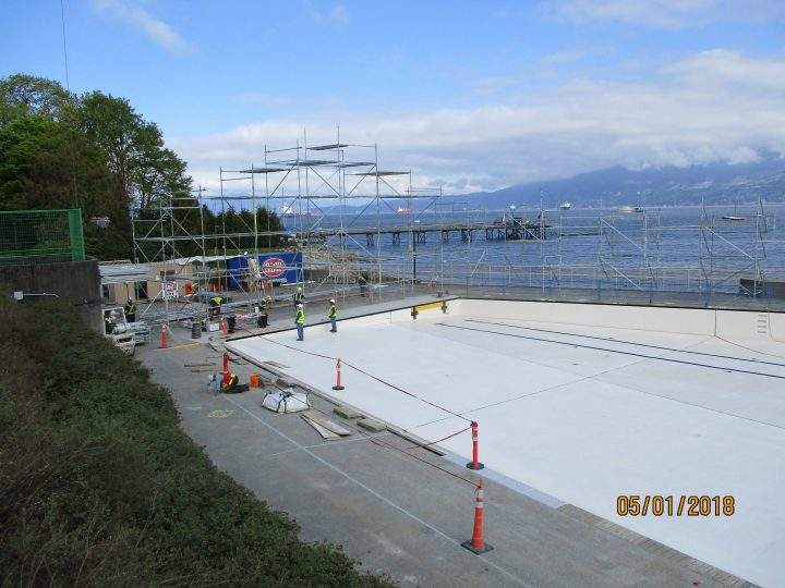 Removing scaffolding that was needed for repairs at Kits Pool, 2018.