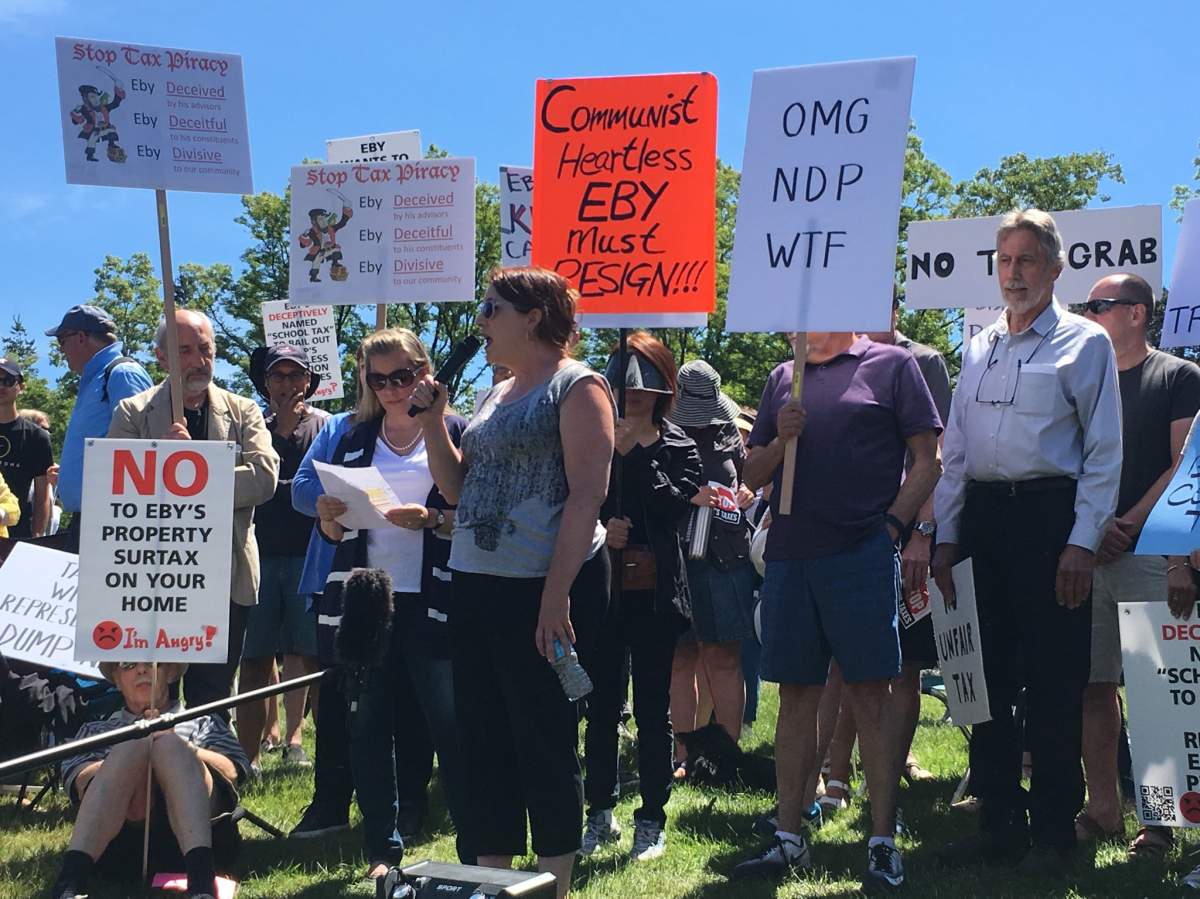 Angry Point Grey homeowners say the NDP's school tax is an unfair grab at unrealized capital gains.