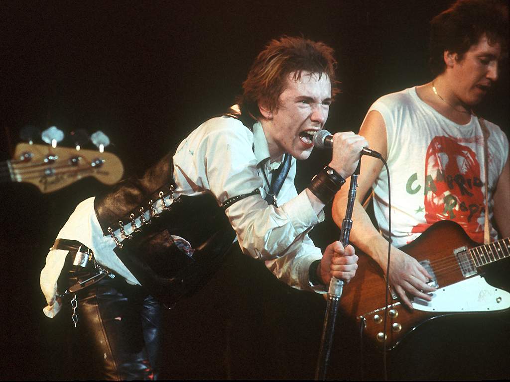 Johnny Rotten and guitarist Steve Jones of the Sex Pistols perform their last concert on Jan. 14, 1978 in San Francisco, Calif.