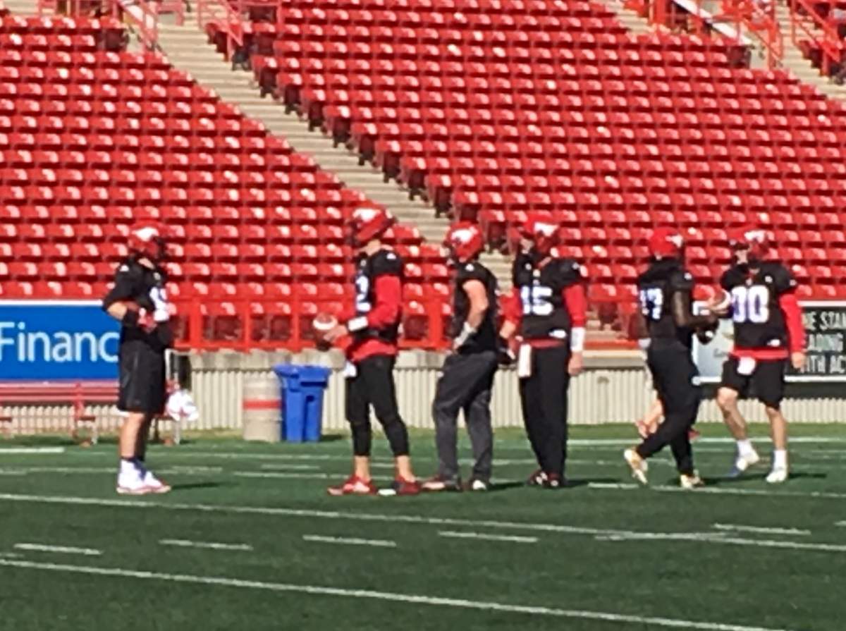 All 6 quarterbacks in Calgary Stampeders training camp at McMahon Stadium. Bo Levi Mitchell, Ricky Stanzi, Tyler Rogers, Nick Arbuckle, Larry Brihm Jr and Adam Sinagra. May 22nd, 2018.