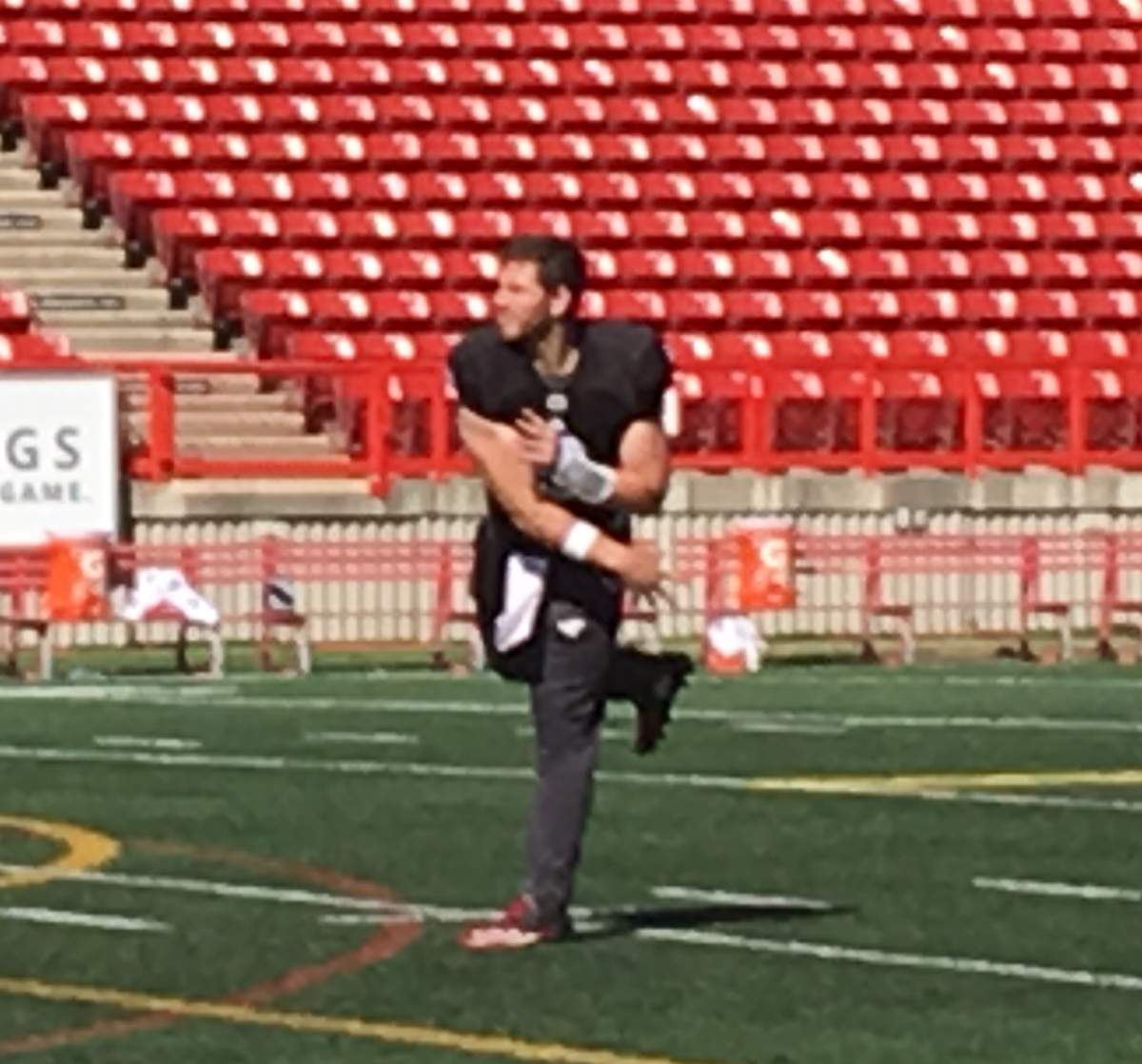 Nick Arbuckle warms up during Calgary Stampeders training camp at McMahon Stadium. May 22nd, 2018.