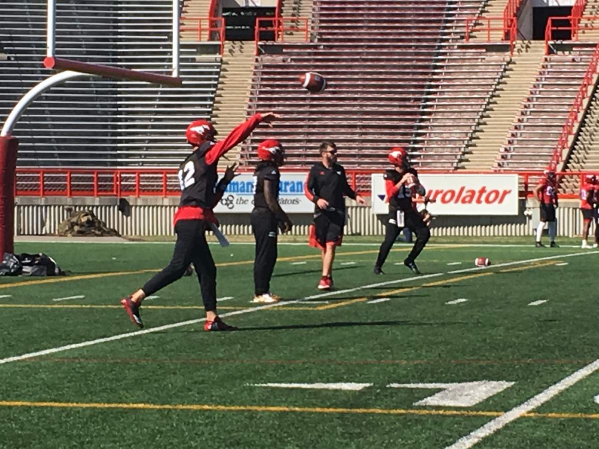 Ricky Stanzi throwing at Calgary Stampeders main camp practice. McMahon Stadium in Calgary, May 22nd, 2018.