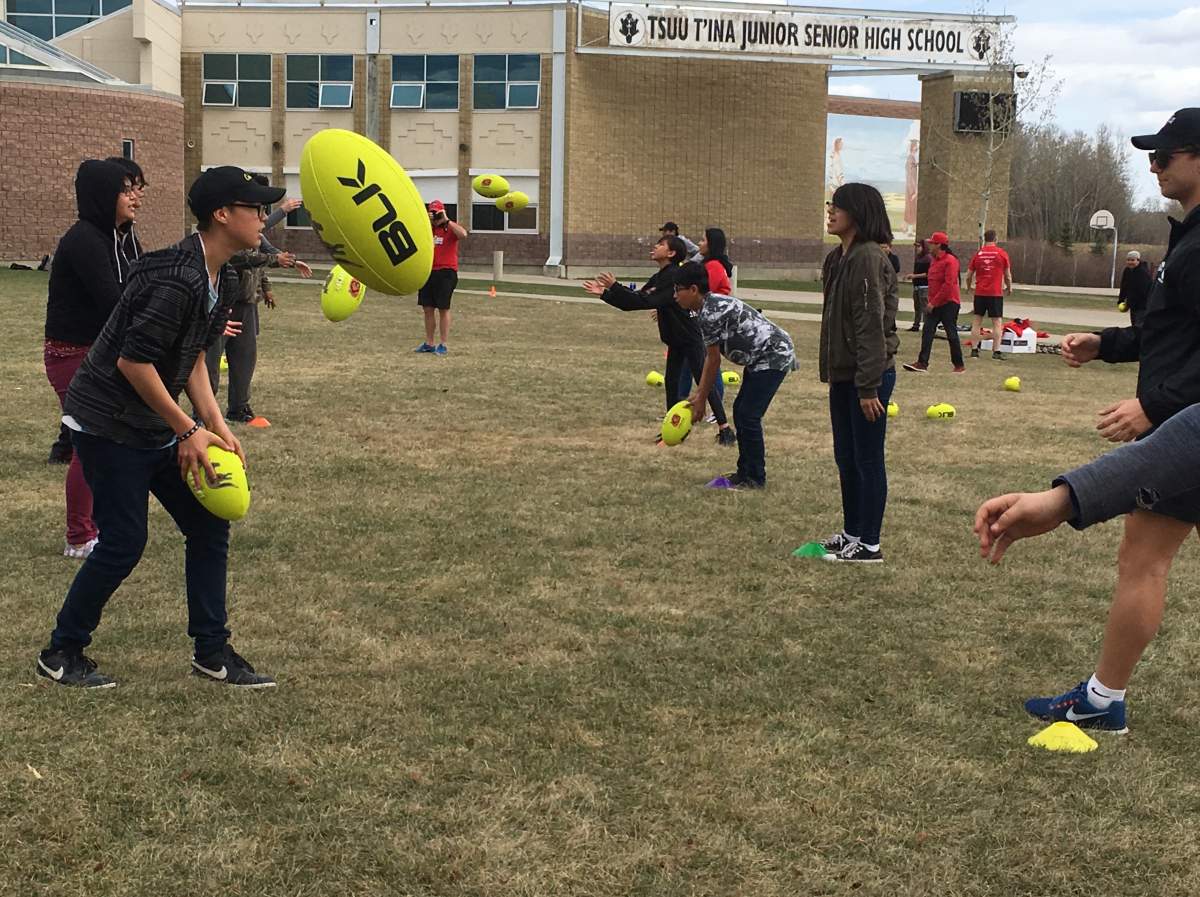 Students from Tsuut’ina Junior Senior High School near Calgary learn the sport of Rugby on May 4, 2018.