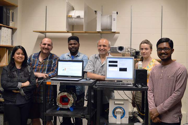 PhD student Pallavi Bohidar, post-doctoral fellow Abbas AlZubaidi, PhD student Hammed Ejalonibu, professor Gordon Sarty, and undergraduate students Sierra Francis, Darshan Patel.