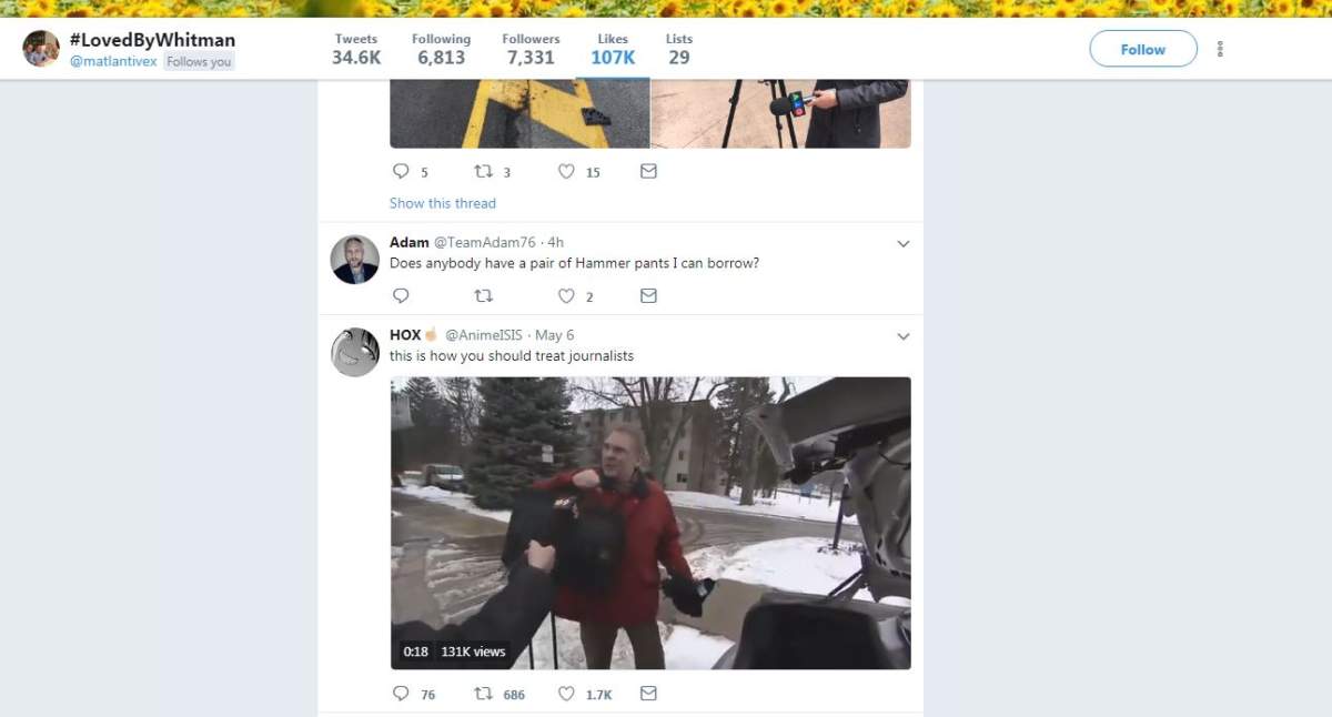 A screenshot of the tweet that Matt Whitman liked on May 7, 2018