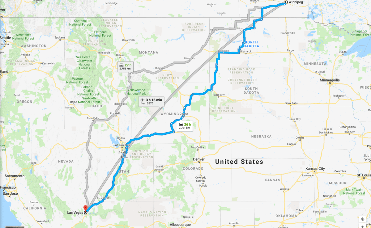 Winnipeg and Las Vegas are about 2,700 kms apart.