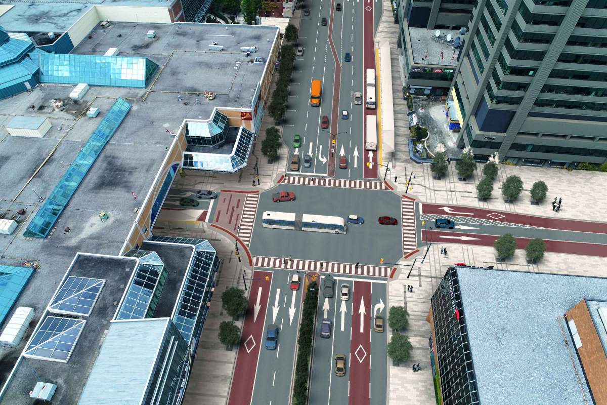 A rendering of the Wellington & King intersection with bus rapid transit infrastructure, as found on the interactive map. 