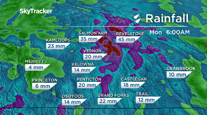 10 to 20 millimetres of rain is expected in the Okanagan with locally higher amounts possible.