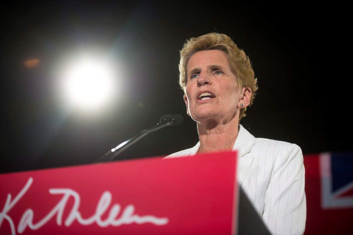 Former Ontario Premier Kathleen Wynne announces to supporters that she is stepping away from her Liberal seat during her election night party at York Mills Gallery on Thursday, June 7, 2018. 
