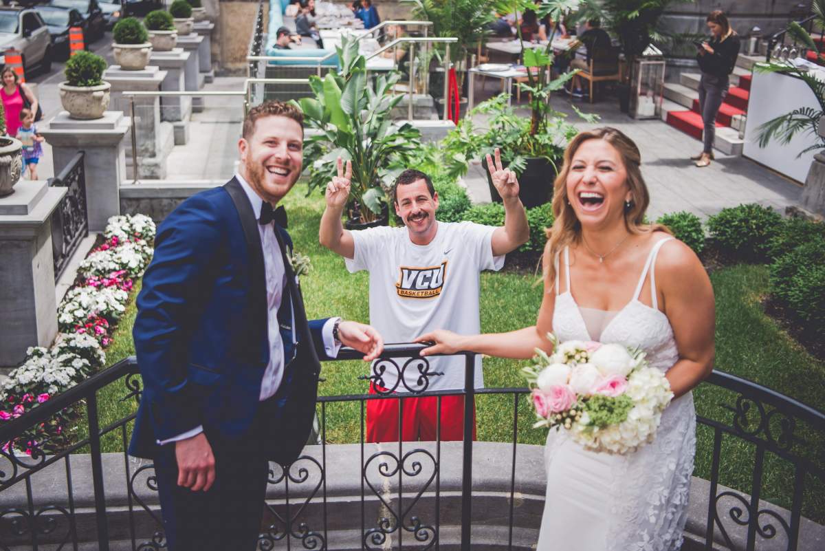 Actor Adam Sandler made a cameo in a Montreal couple's wedding photoshoot on Sunday. 
