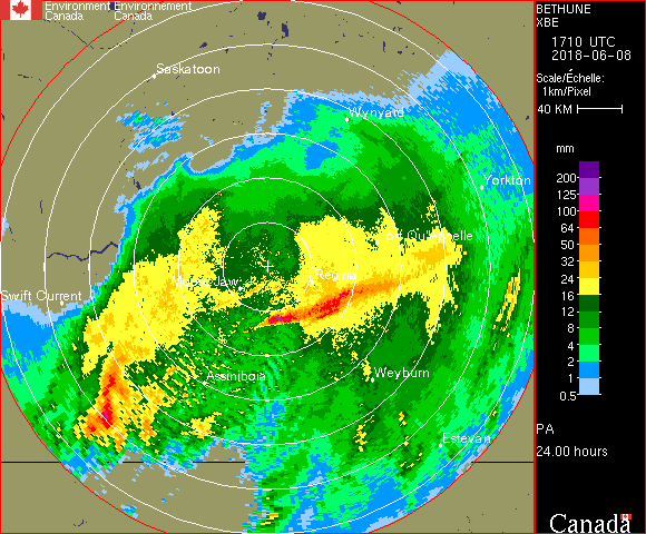 Radar rainfall accumulation amounts via Environment Canada.