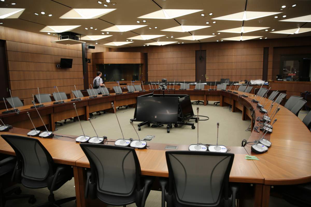 This is one of four committee rooms in the West Block. This one is completely underground, situated two floors below the House of Commons chamber. The rooms feature all the latest technology and and can double as caucus rooms.