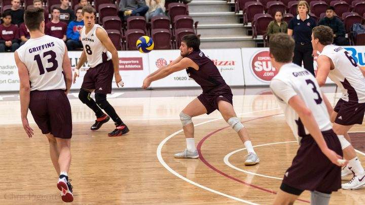 Andre Arsenault digs for the MacEwan Griffins.
