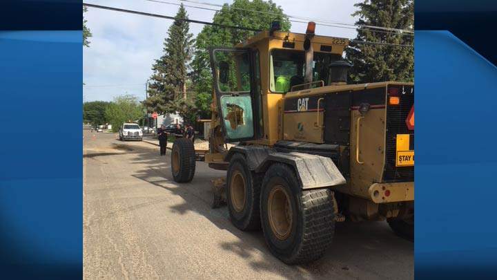 Saskatoon police said a City of Saskatoon grader was damaged with a simple incendiary device and a baseball bat on June 13, 2018.