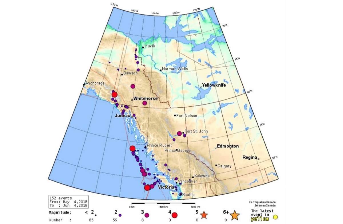 There have been 152 seismic events between May 4, 2018, and June 4, 2018, registered in Western Canada. 