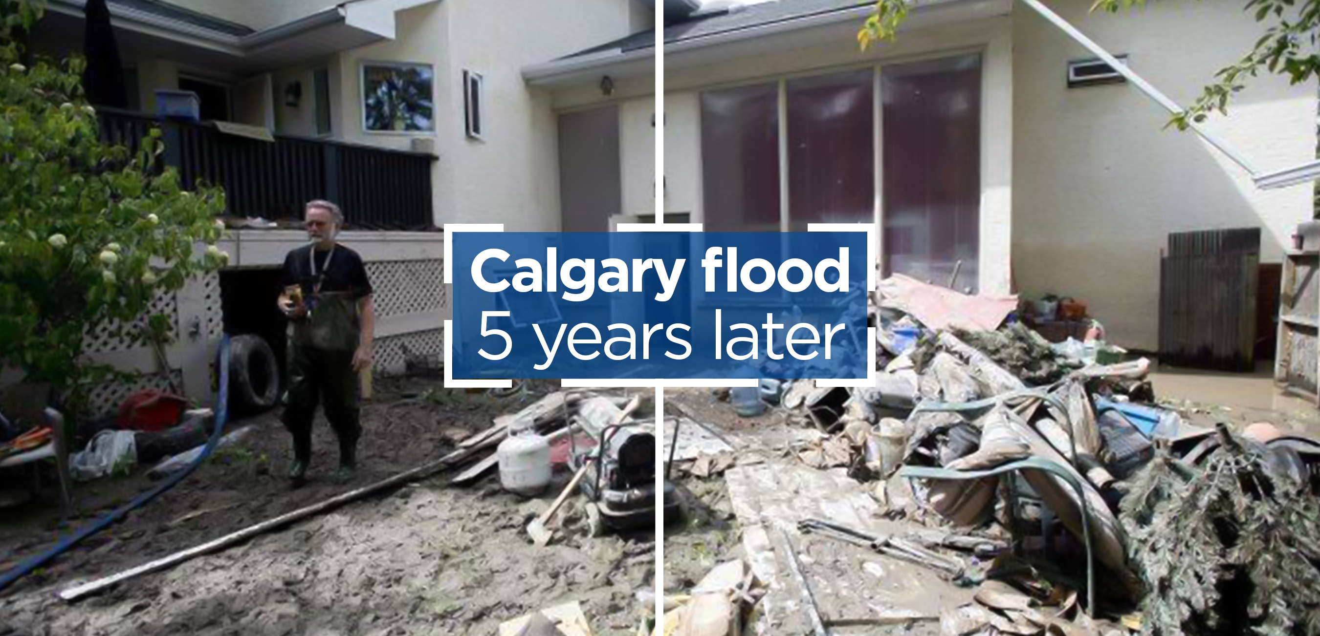 Robert Watts' destroyed home yard as he is tries to pump the water out in the community of Bowness in Calgary, Alta., on Monday, June 24, 2013. 